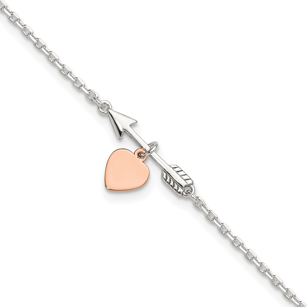 925 Sterling Silver Arrow w Rose-tone Heart Charm 10in + 1" Ext Anklet
